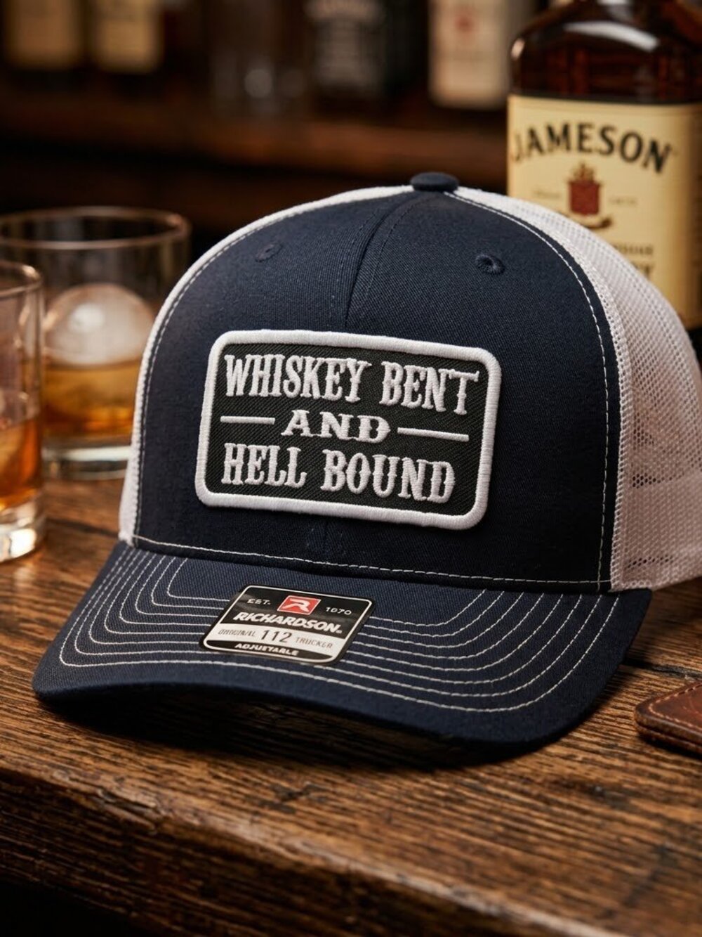 Retro Whiskey Bent Hat Country Music Patch Black White Richardson 112 Cap USA Ne